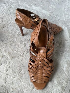 Tory Burch Woven Leather High Heel Sandals - Brown-6.5